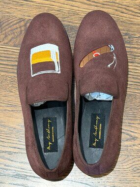 May Anthony Brown Velvet Embroidered Slippers Loafers Men’s 10.5 Cigar Whiskey